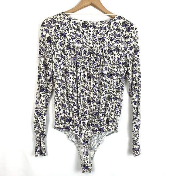 intimately free people kaya keyhole purple floral long sleeve bodysuit xs - Picture 6 of 7